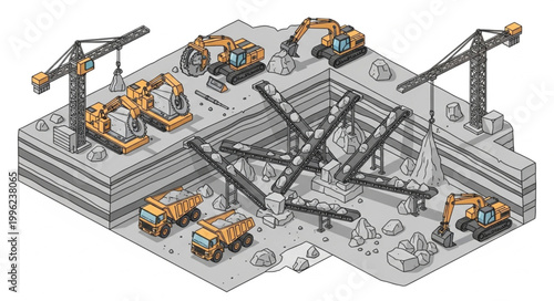 Construction site with heavy machinery and cranes in isometric view.