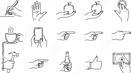 Hand Gesture Icon Set with Writing, Holding, Pointing, Touchscreen, Drinking, and Everyday Actions Line Illustrations for User Interface and Lifestyle Design Projects