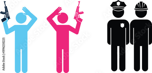 Police officer and criminal suspect silhouettes with raised hands and weapon icons representing law enforcement arrest and security concept