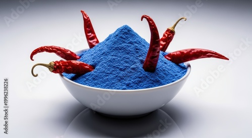 Blue powder in a white bowl with red chili peppers on top