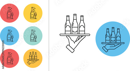 PrintWaiter Serving Bottles Icon Set with Beverage Tray Line Art Illustrations for Restaurant, Bar, Hospitality, Drink Service, and Food Industry Design