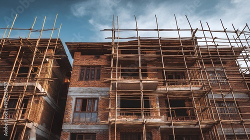 Construction progress: A captivating view of a building in its formative stages, showcasing the robust framework of scaffolding as it supports the rising structure.