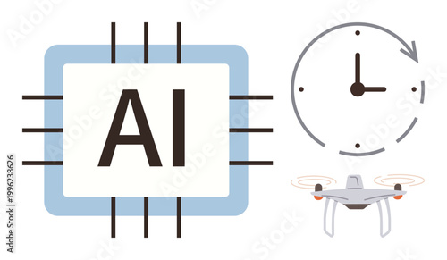 Artificial intelligence, automation, robotics, time management, innovation, futuristic systems. AI chip, clock and quadcopter . Artificial intelligence and automation in this visual