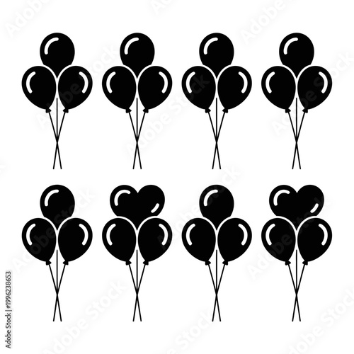 A set of black balloons vector illustrations with heart shapes
