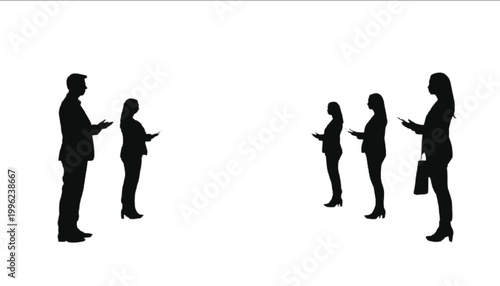 Business people line up in a professional setting while waiting for their turn to present ideas.