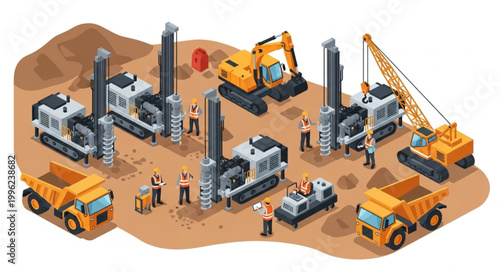 Construction site with heavy machinery and workers illustration.