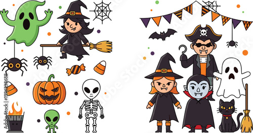 Halloween Characters and Symbols Collection with Witch, Vampire, Ghost, Pumpkin, Spider, and Festive Elements for Holiday, Party, and Spooky Illustration