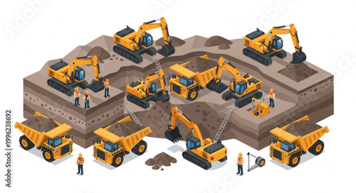 Construction site with heavy machinery and workers isometric view.