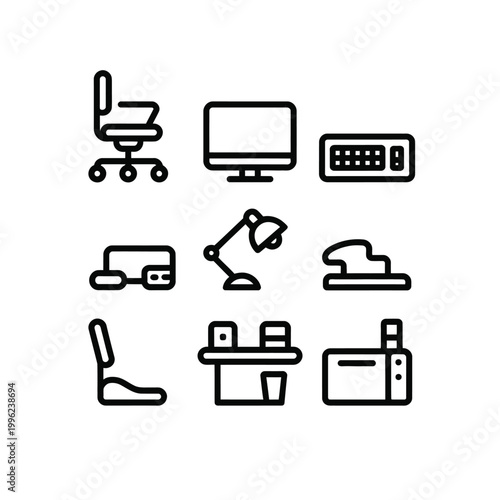 Office furniture and equipment icons in a simple line style