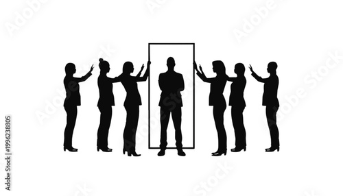 Professionals stand around a rectangular frame while a leader coordinates the group effort centrally.