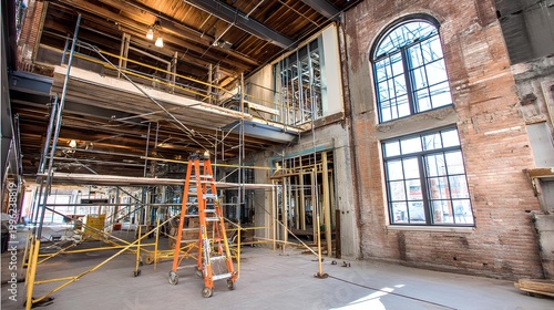 Building Restoration: A wide interior shot of a building renovation, with scaffolding, exposed beams, and a glimpse of its historical facade, depicting a moment of transformation and renewal.