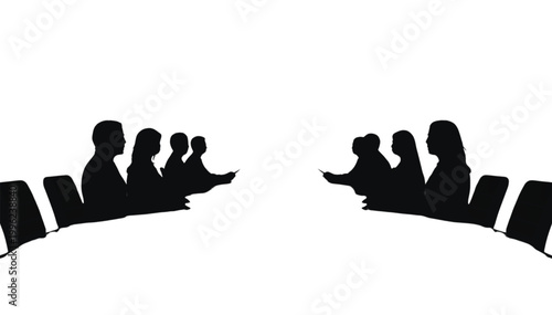 Employees sit at a long conference table during a formal corporate meeting to discuss new projects.