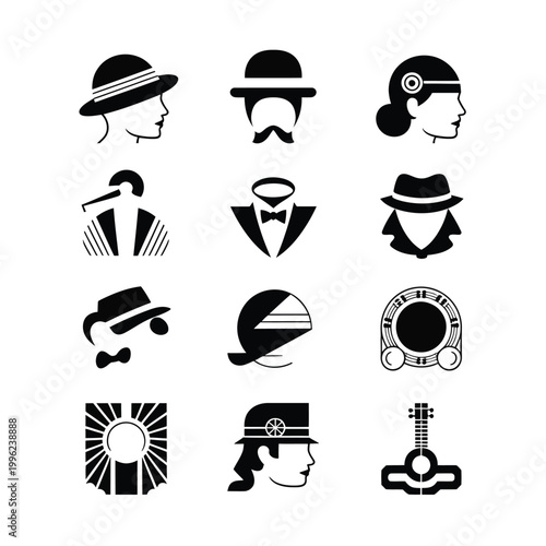 A set of black silhouette icons featuring various hat styles and headwear