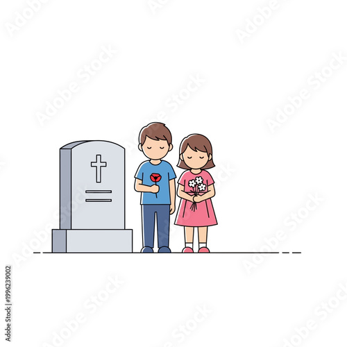 Boy and girl stand together in front of a stone cross headstone while holding small floral tributes in memory.