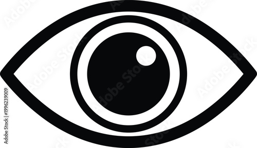 Minimalist eye symbol illustration with almond outline, iris and pupil detail, representing vision, awareness, observation, focus and human perception design concept