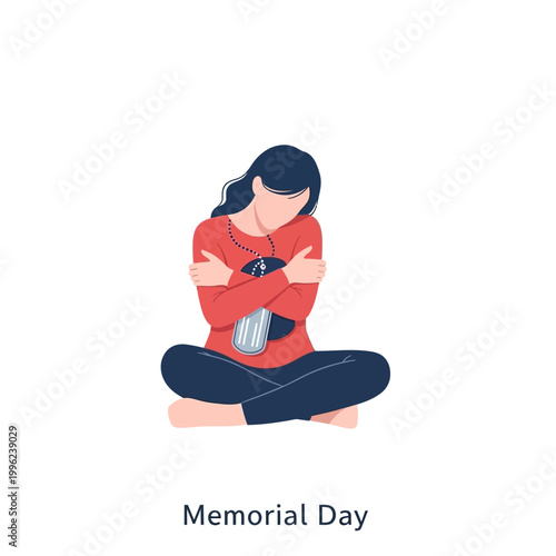 Woman sitting on the ground clutches military dog tags to her chest while mourning the loss of a fallen hero.