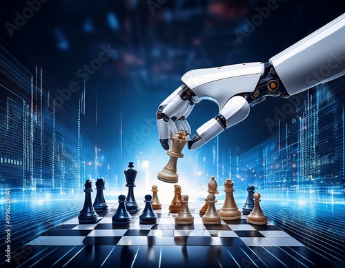 digital robot arm playing chess against a digital technology background a robotic hand moves a piece on the board concept for a business strategy or ai creative idea design