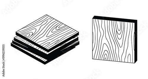 Stack of wooden floor tiles and single tile vector illustration graphic elements.