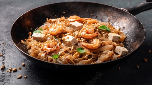 Delicious Stir-Fried Pad Thai with Shrimp and Tofu, Garnished with Peanuts and Fresh Herbs