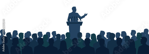 Flat Vector Illustration and Horizontal Graphic Banner : A Silhouette of a Professional Public Speaker or Politician Giving a Speech at a Podium in Front of a Large Audience