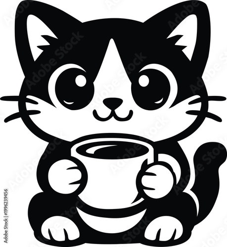 Cute cat holding coffee cup in black and white vector