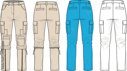 Technical CAD drawing flat vector illustration of men's cargo pants and zip-off convertible trousers with multiple utility pockets and details.