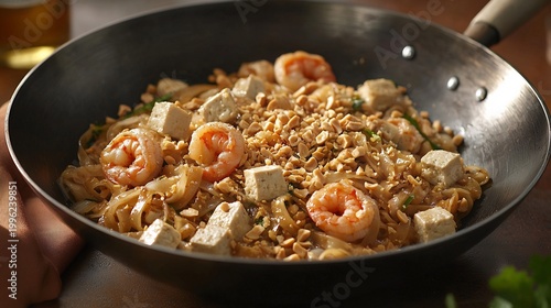 Savory Stir-Fried Pad Thai with Shrimp, Tofu, and Crushed Peanuts in a Metal Pan