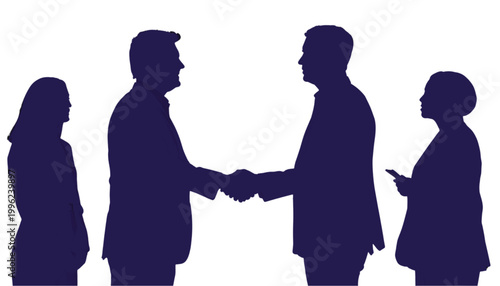 Businessmen shake hands to finalize a successful contract deal while their associates look on intently.