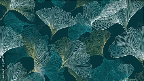 Abstract pattern featuring teal and white fan shapes with golden highlights on a dark teal background. Fan-shaped lines seamless pattern with golden accents