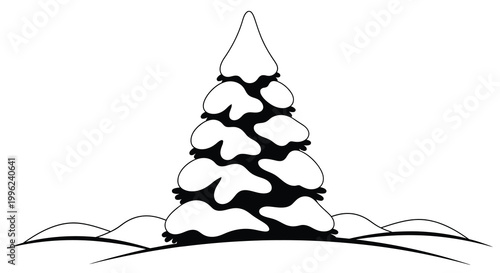 Snow covered fir tree against a white background a stark silhouette