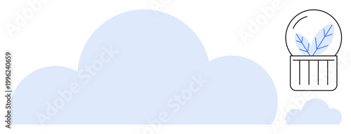 Nature, sustainability, eco concepts, minimalism, botanical , environmental design. A large cloud with an elegant glass dome terrarium and plants. Nature and sustainability concept