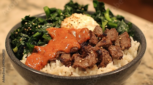 Korean Bibimbap in Stone Bowl with Beef, Vegetables, and Fried Egg - Culinary Delight