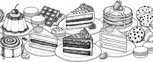 Hand drawn desserts and cakes collection with pastries, slices, cupcakes and sweets in detailed sketch outline vector illustration style