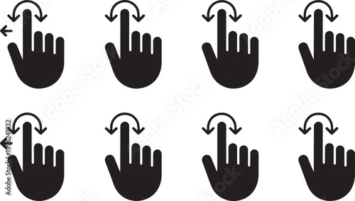 Set of black cursor hand icons with arrows representing various touch screen gestures Vector Illustration on transparent background.
