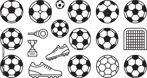 Soccer equipment collection with balls goal net trophy and cleats for sports championship decoration vector design art.