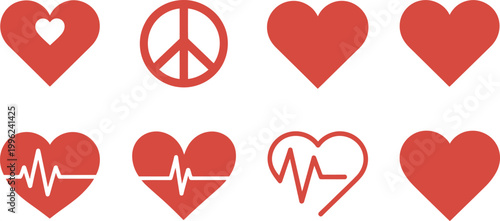 Red hearts peace sign EKG heartbeat symbol collection love and life Vector Design.