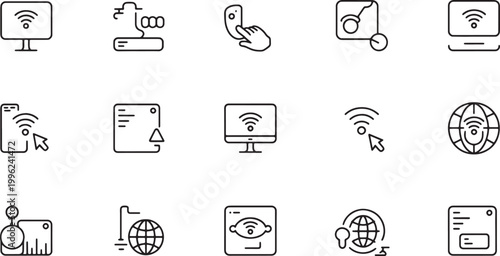 Global network and wireless communication icons featuring earth globes and smart device connectivity for digital world Vector Illustration
