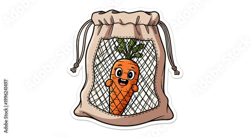 Cartoon carrot in mesh produce bag smiling happy