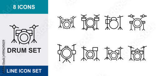 8 Drum set linear icons bass snare tom cymbal hi-hat pedal stand percussion instrument, UI and web interface design