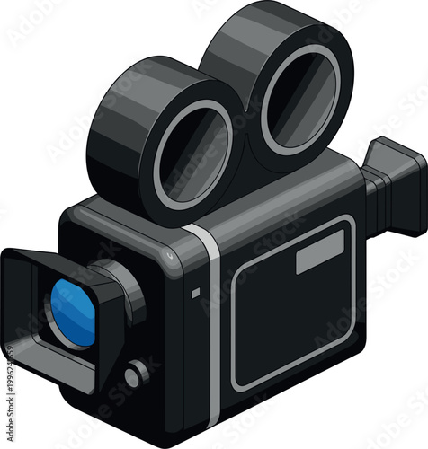Isometric Vintage Retro Film Movie Camera 3D Icon Vector for Cinema, Entertainment, and Media Production Designs