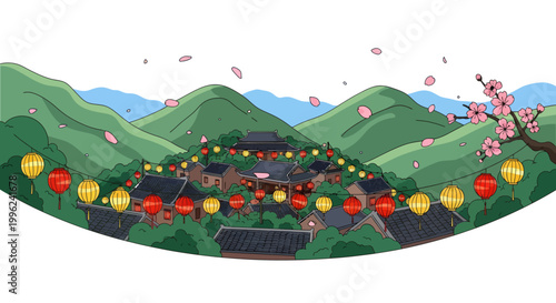 vibrant village landscape with cherry blossom and lanterns