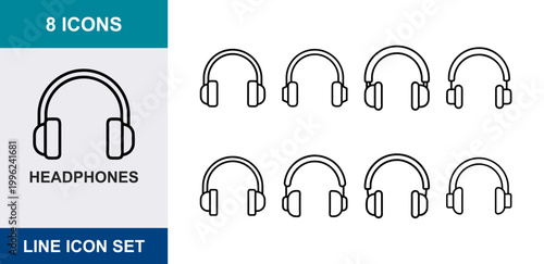 8 Headphones linear icons headset, earphone, music equipment, audio device, UI and web interface design