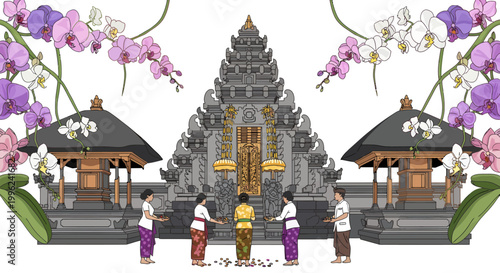 Balinese temple scene with people and flowers