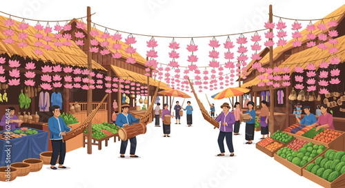 Vibrant market scene with pink lanterns and fresh produce