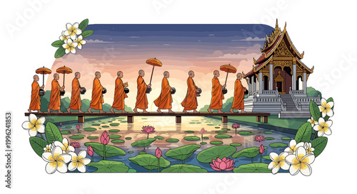 Buddhist monks walking bridge over lotus pond to temple at sunset