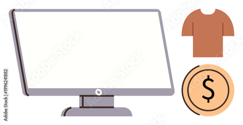 Online shopping, e-commerce platforms, retail design, product listing, digital business, cost analysis. A computer monitor, t-shirt and currency symbol. Online shopping and e-commerce concept
