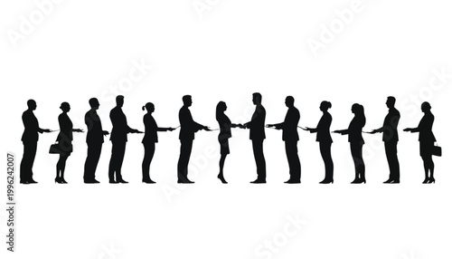 Employees stand in a long line forming a professional queue for a corporate meeting event concept.