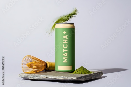 Modern canned matcha drink for natural energy, presented with a traditional whisk and vibrant green tea powder, highlighting healthy lifestyle choices