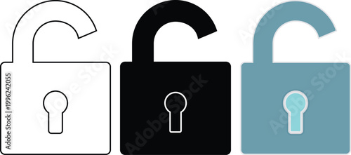 Open padlock icon in three different styles outline solid black and a light blue.