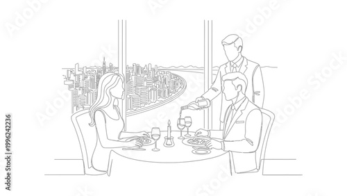 Couple dining at a restaurant with a waiter.